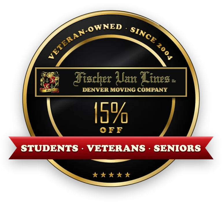 Fischer Van Lines 15% off badge for students, veterans and seniors